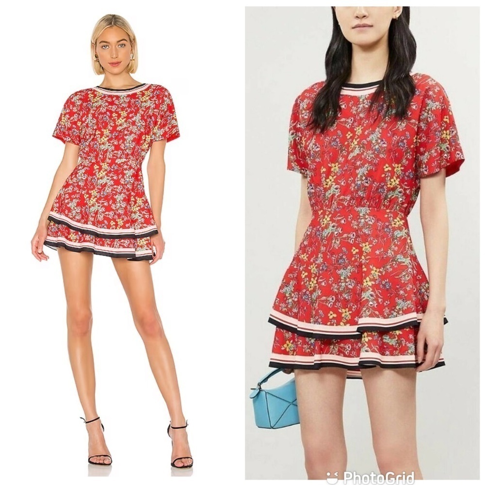 Alice + Olivia Red Palmira Freesia Blossom Fit Flare Tiered Mini Dress